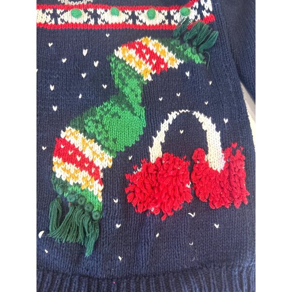 Vtg. 90's Winter Cardigan Sweater Hand Knit Snowman Ice Skates 3D Wearable Art - Picture 4 of 13
